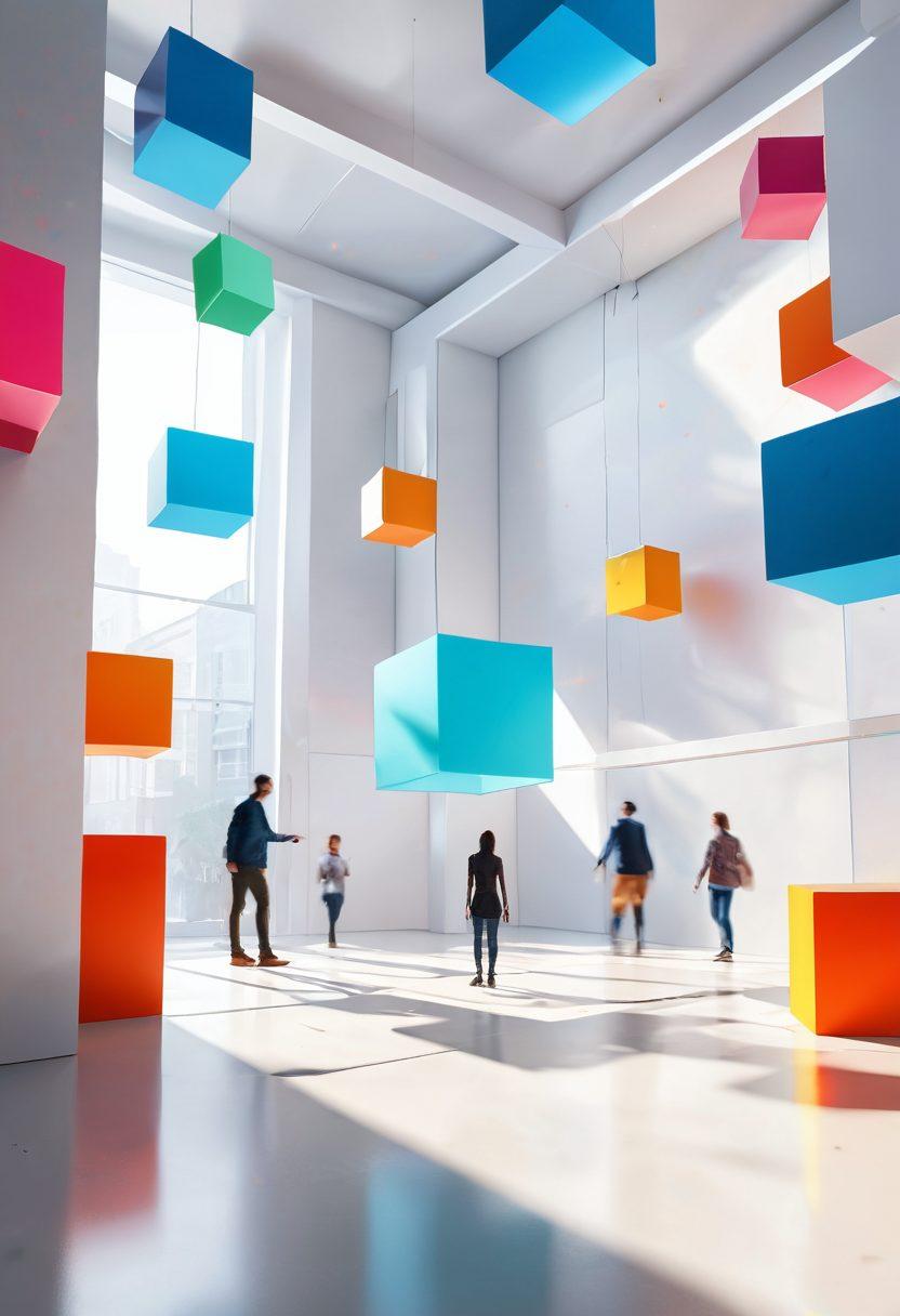 A stunning 3D architectural scene showcasing multi-dimensional designs, featuring colorful geometric shapes and structures floating in a vibrant cube environment. Sunlight streams through transparent cubes, casting intricate shadows on the ground. Include people interacting with the space to emphasize creativity. The overall atmosphere should feel dynamic and imaginative. vivid colors. hyper-realistic. white background.