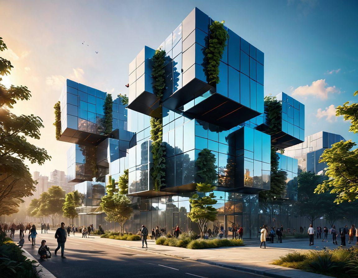 A striking architectural design showcasing a futuristic modular building, composed of interlocking cubes and innovative structures, set against a vibrant skyline. The scene is bustling with people, surrounded by greenery and urban elements, emphasizing a blend of nature and modern architecture. The sunlight casts dynamic shadows, highlighting the unique textures of the materials used. super-realistic. vibrant colors. 3D.