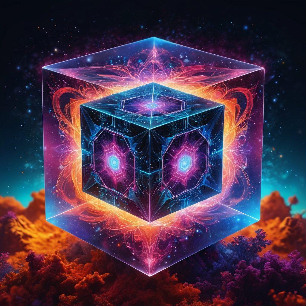 An intricate design featuring a 3D geometric cube surrounded by vibrant, swirling quantum particles representing energy and creativity. The background should showcase a mystical landscape filled with abstract patterns and fractals that symbolize new dimensions in design. The color palette should be bright and vivid to evoke a sense of inspiration. super-realistic. vibrant colors. 3D.